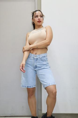 Bermuda Baggy Jean Celeste Claro Dama Rígido