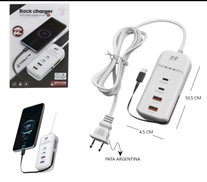 Extensor de Carga 1.20m 2 Usb - 2 Tipo C - 1 Cable Tipo C