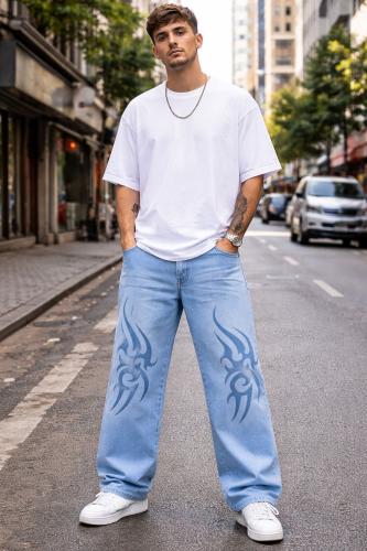 Jean Baggy Celeste Diseño Tribal Hombre