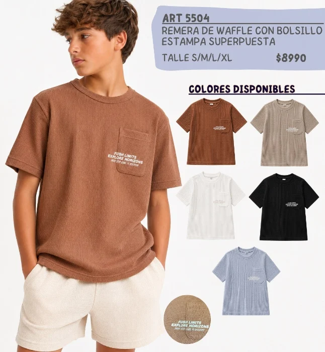 Teen Varon Remera de Waffle con Bolsillo y Rstampa