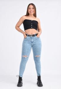 Jeans Celeste Nevado Rotura Rodilla