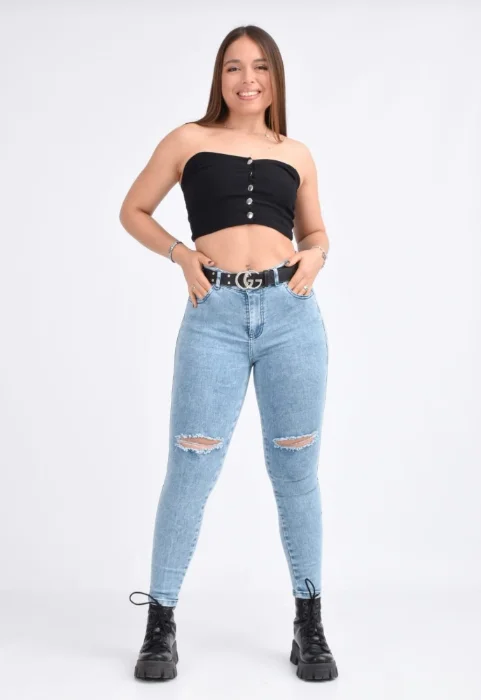 Jeans Celeste Nevado Rotura Rodilla