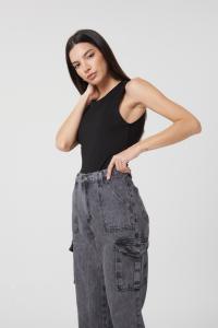 Jean Dama Cargo Negro Gastado Rigido - Miniatura 3