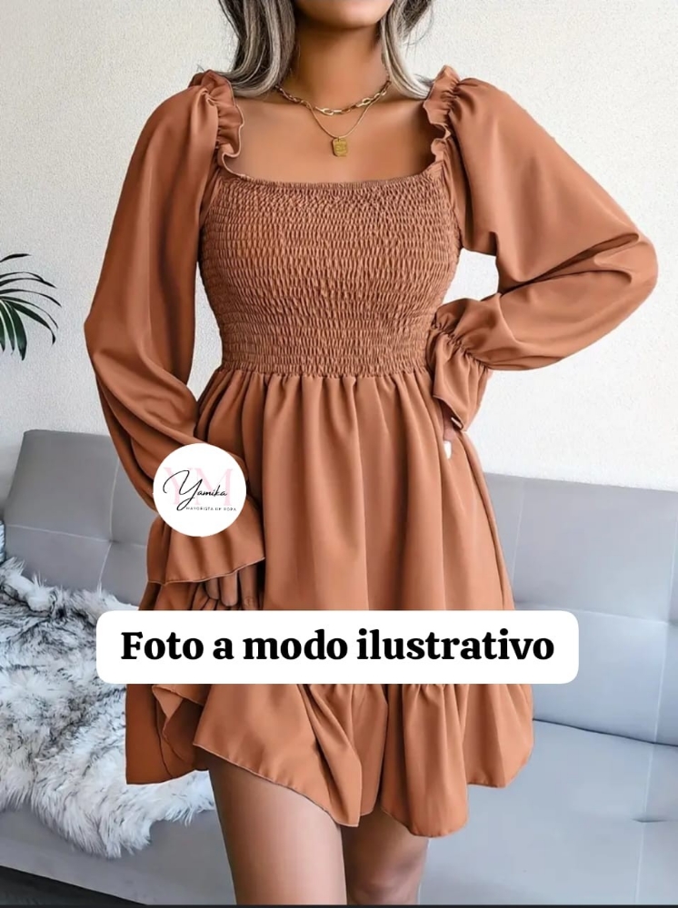 Vestido Paisana Manga Larga con Volado, Frunce Amplio - Imagen 1