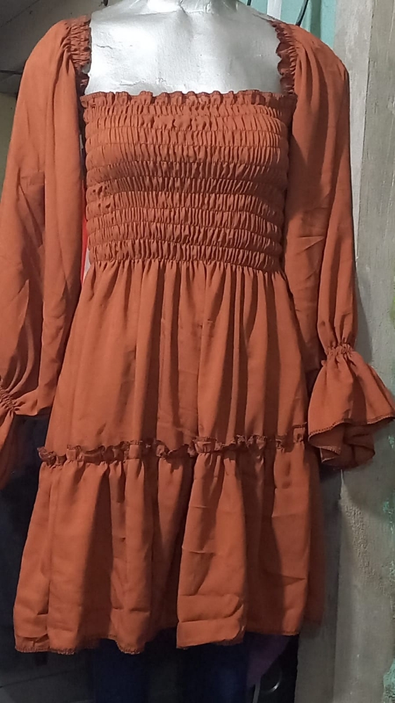 Vestido Paisana Manga Larga con Volado, Frunce Amplio - Imagen 3