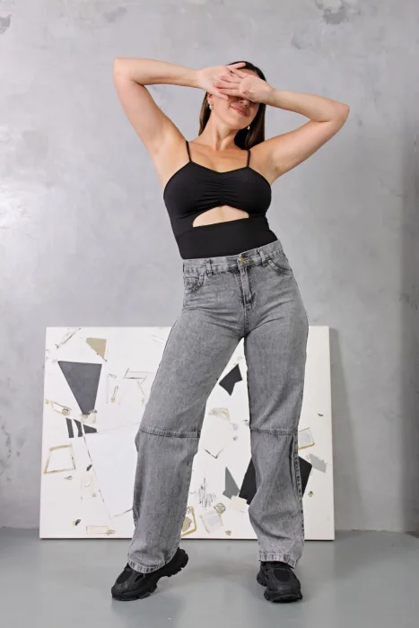 Wide Leg Gris Jeans Dama Rígido