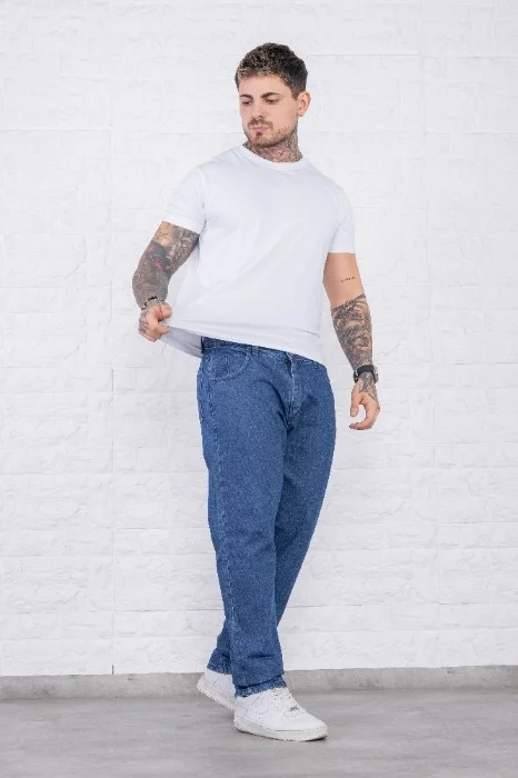 Clásico Mom Recto  Hombre Rígido Azul Nevado Jean