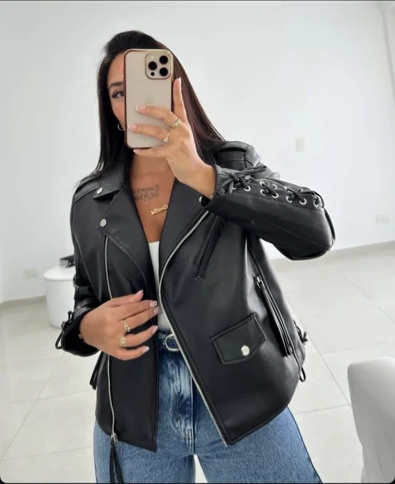 Campera Cuero Yd Mujer Oversize Negro New Hard Model Nuevo Ingreso