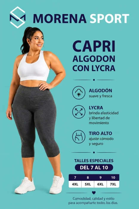 Capri de Algodón Talles Especiales, Tiro Alto