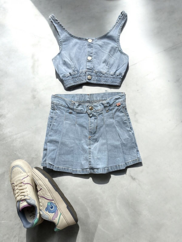 Short Pollera de Nena Tableado de Jeans - Imagen 2