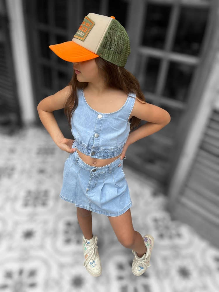 Short Pollera de Nena Tableado de Jeans - Imagen 3