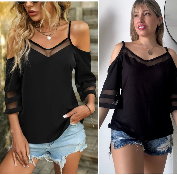 Remera C/ Tul  Hombro Descubierto C/ Transparencia