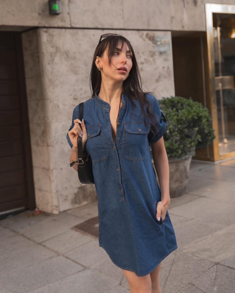 Vestido Jean Camisero con Cuello Mao - Imagen 2