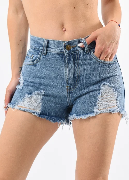 9121 Short Jean Azul Nevado Roturas Rígido