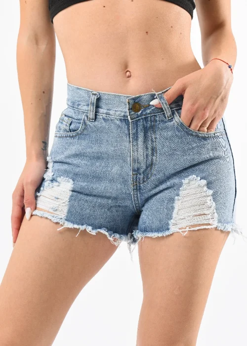 9122 Short Jean Azul Claro Nevado Roturas Rígido