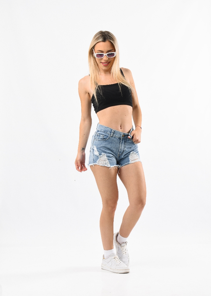 9122 Short Jean Azul Claro Nevado Roturas Rígido - Imagen 3
