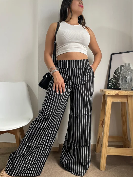 Maxi Palazzo Rayado de Lino con Espandex