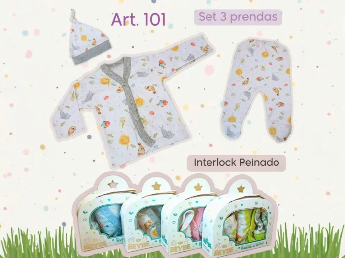 Set en Caja 3 Piezas Interlock Peinado (batita, Medio Oso y Gorro) Art.101