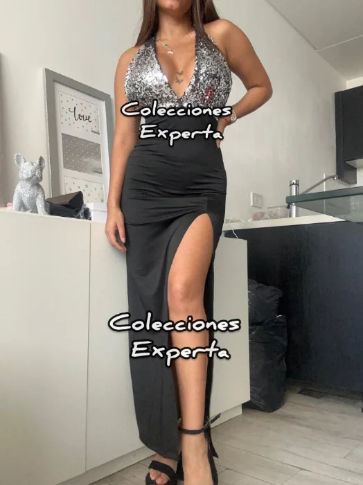 Vestido Largo con Tajo Adelante y Lentejuelas