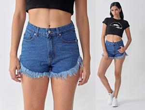 Short Jean Azul Clasico Rigido Tiro Alto Desflecado