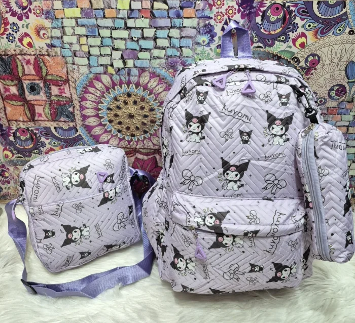 Nuevo Set de 3 Piezas Kuromi Mochila Tipo Tela de Avion Mochila,cartuchera,moral