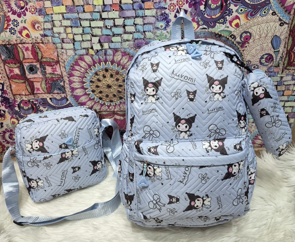 Nuevo Set de 3 Piezas Kuromi Mochila Tipo Tela de Avion Mochila,cartuchera,moral - Imagen 2