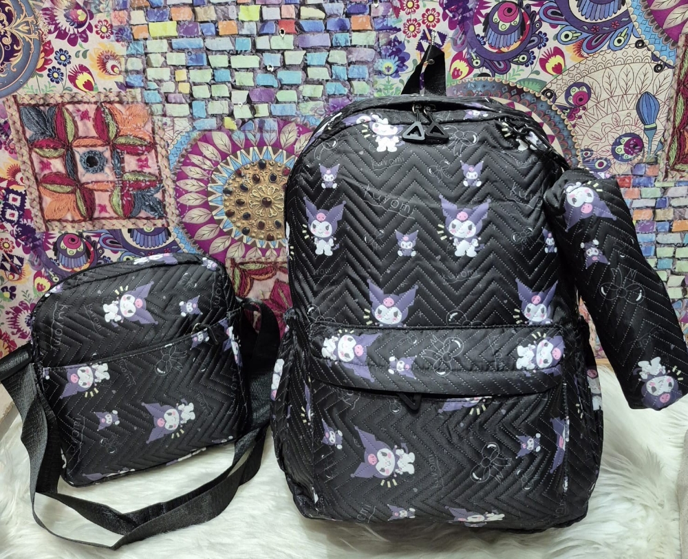 Nuevo Set de 3 Piezas Kuromi Mochila Tipo Tela de Avion Mochila,cartuchera,moral - Imagen 4