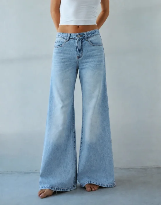 Mega Wide Color Celeste  Tiro Medio Denim Rigido Premium