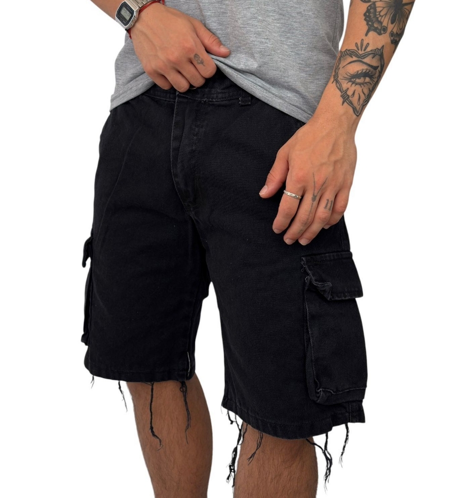Bermudas Jeans Cargo Negro C /fuelle - Imagen 3