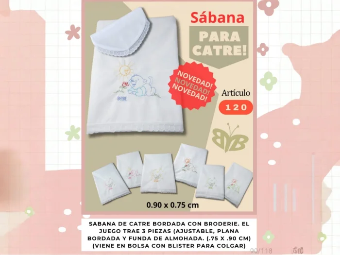 Sabana de 3 Piezas Catre Bordada Beybe (90x75cm) Art.120 Surtido de Colores