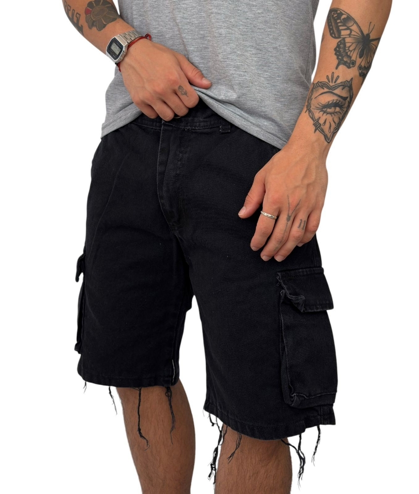 Bermuda Jeans Mom Cargo Negro C /fuelle - Imagen 2
