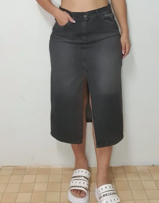 Pollera Gris Larga de Jean Rigida con Tajo