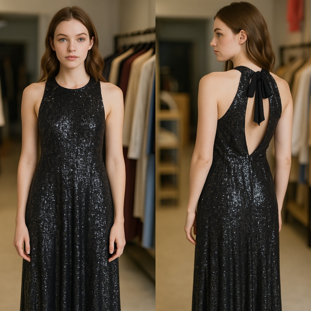 (lu3984) Vestido Lentejuela con Lazo - Imagen 2