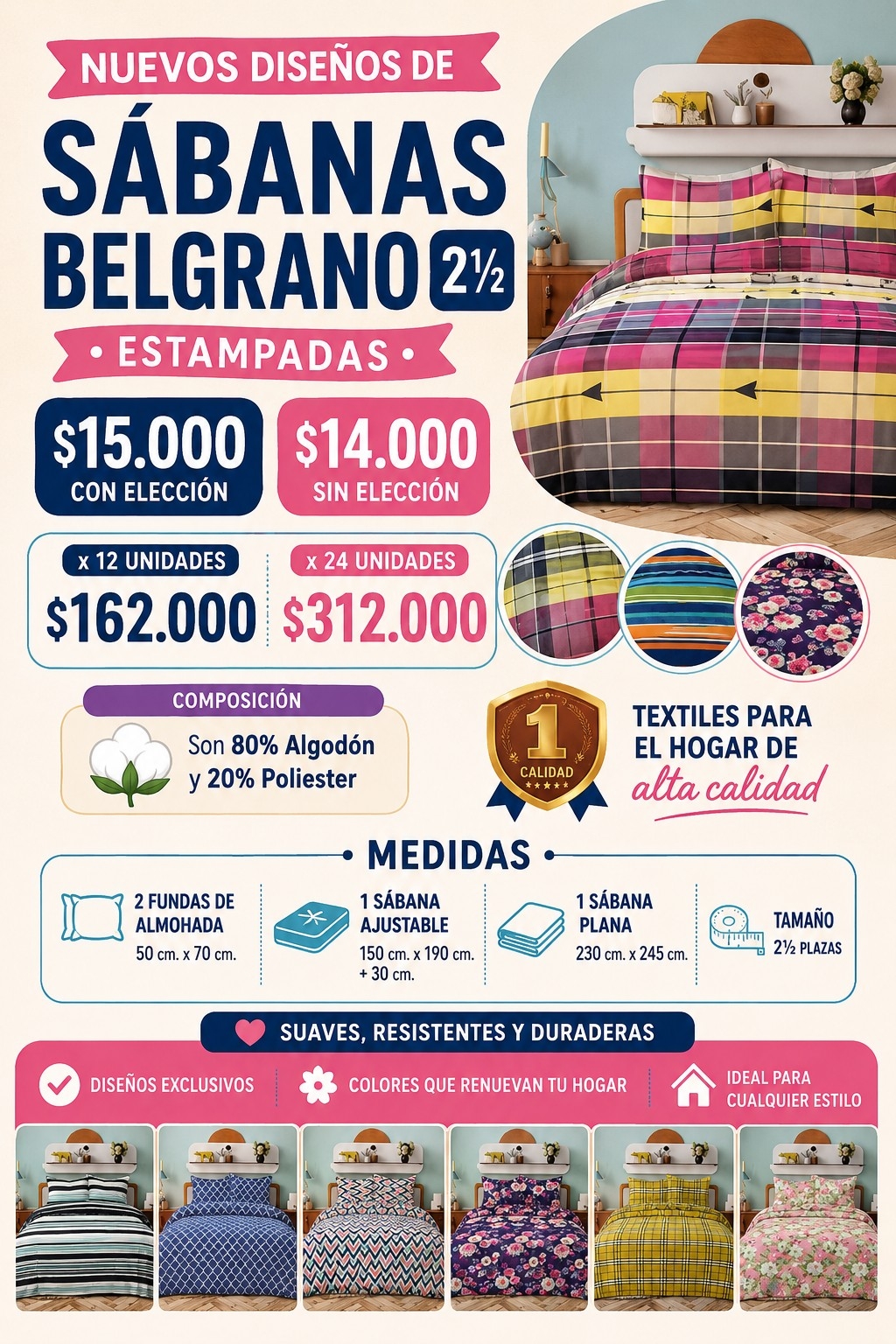 Sábana 2 1/2 Belgrano Estampada - Imagen 1
