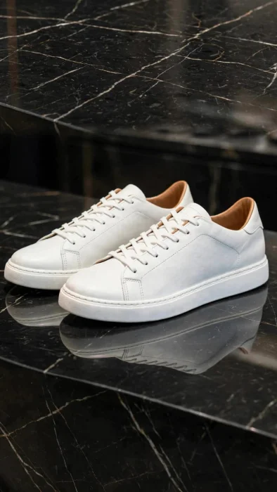 Cuero Vacuno Zapatilla Blanca Negra Suela Marron Chocolate