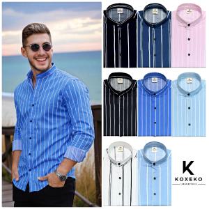 Camisa a Raya Cuello Mao Slim Fit Manga Larga