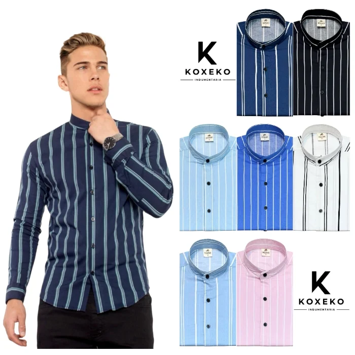 Camisa a Raya Cuello Mao Slim Fit Manga Larga