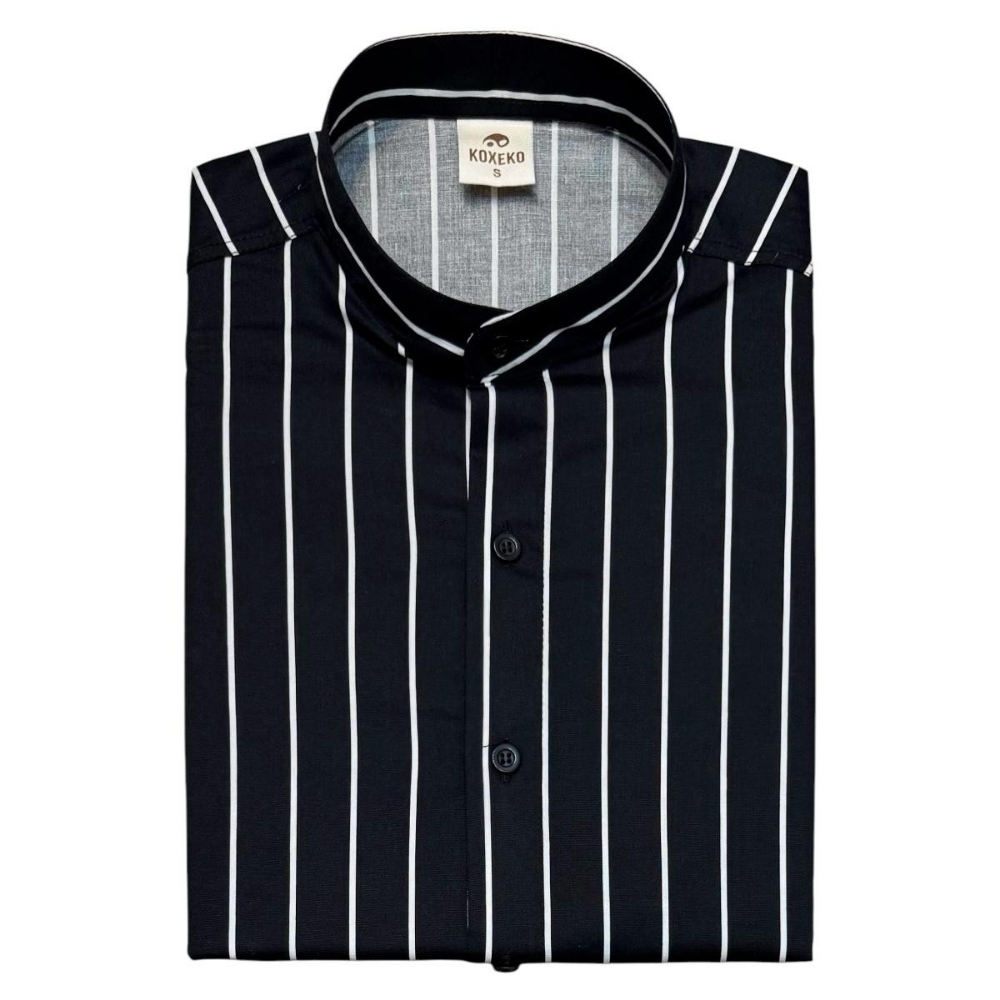 Camisa a Raya Cuello Mao Slim Fit Manga Larga - Imagen 5