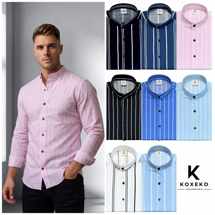 Camisa Cuello Mao Rayado Elastizado Slim Fit