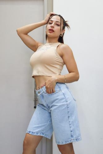 Bermuda Baggy Jean Celeste Claro Dama Rígido
