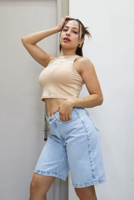 Bermuda Baggy Jean Celeste Claro Dama Rígido