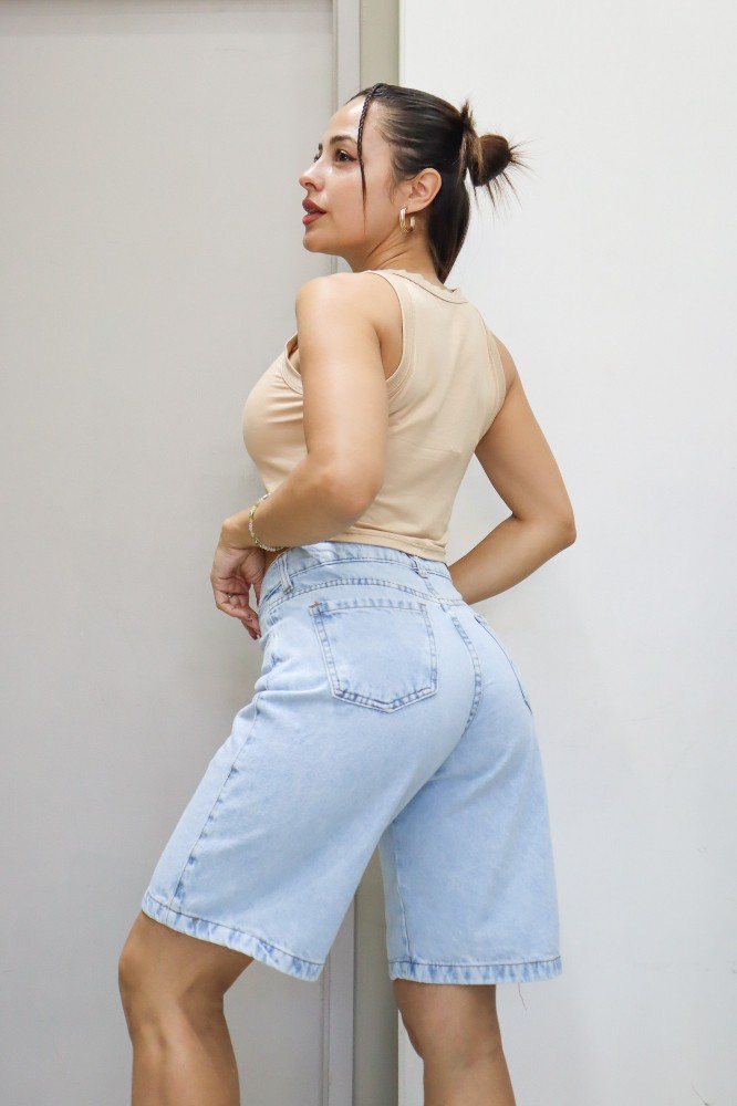 Bermuda Baggy Jean Celeste Claro Dama Rígido - Imagen 2