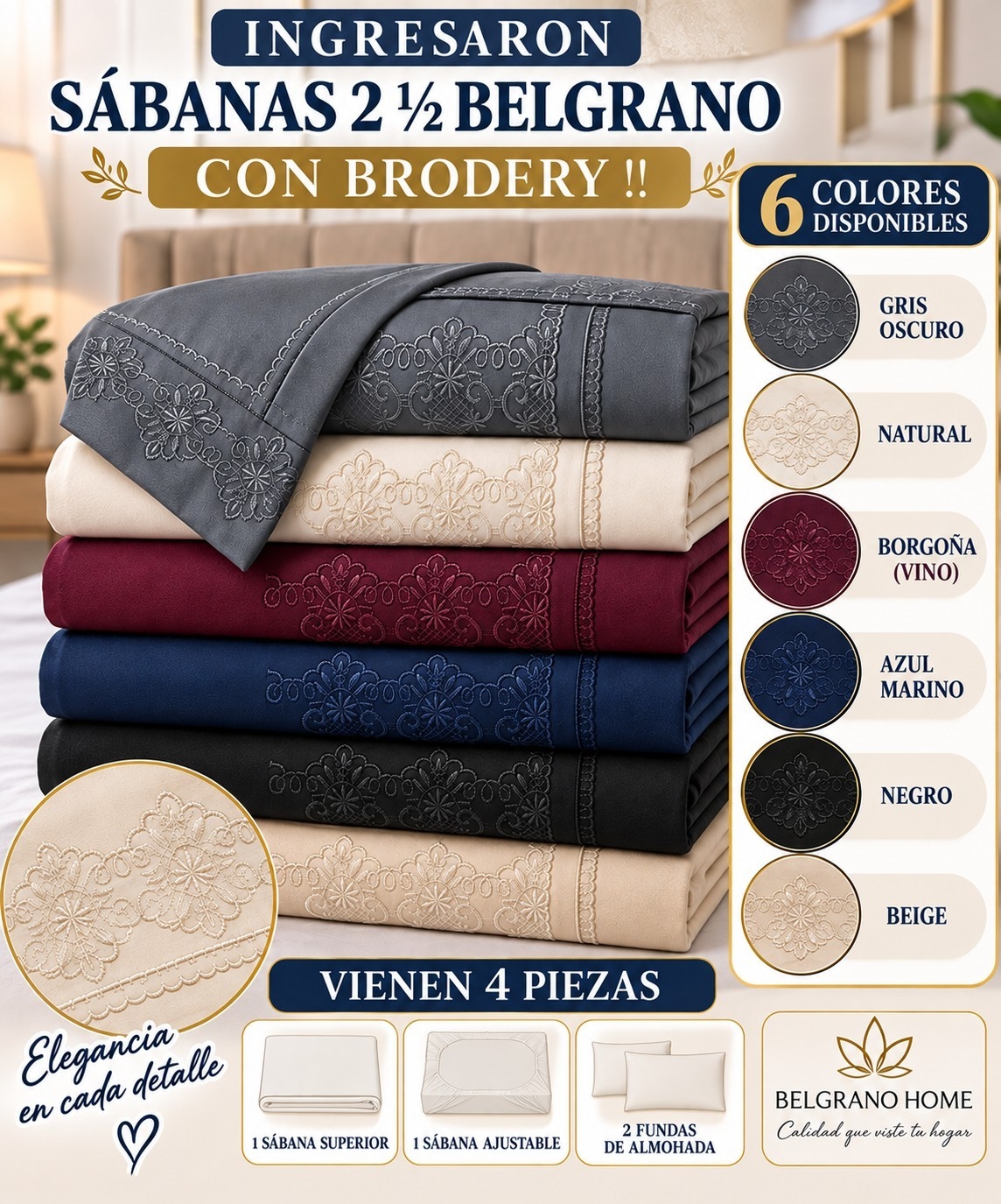 Sábana 2 1/2 Brodery Lisa Belgrano - Imagen 3