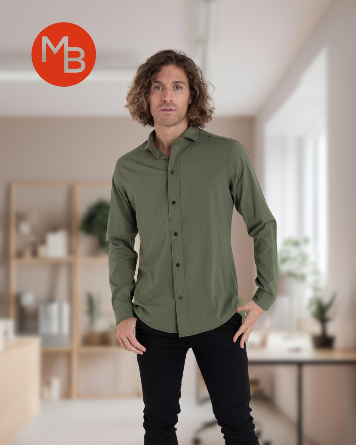 Camisa Elastizada Entallada Lisa de Hombre - 2.jpg