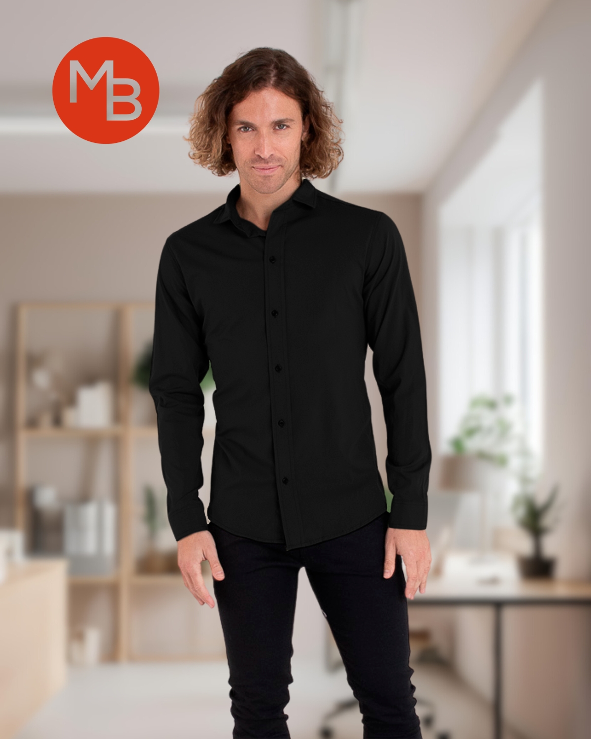 Camisa Elastizada Entallada Lisa de Hombre - 3.jpg