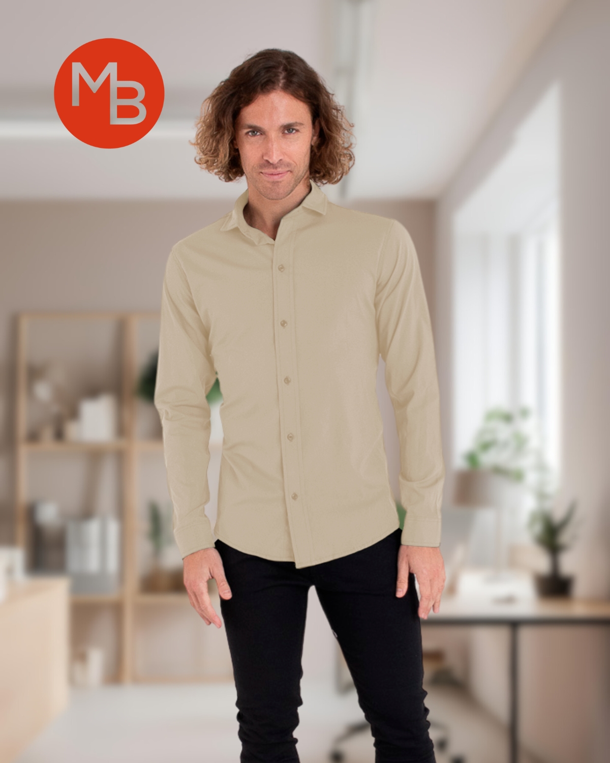 Camisa Elastizada Entallada Lisa de Hombre - 5.jpg