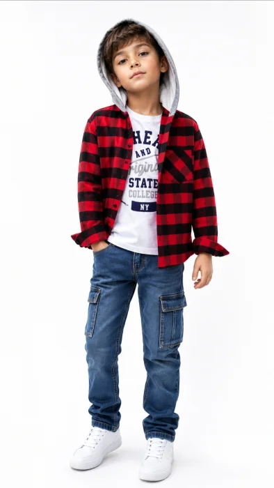 Camisas Leñadora Frisado de Ñiño con Bolsillo y Capucha de Frisa