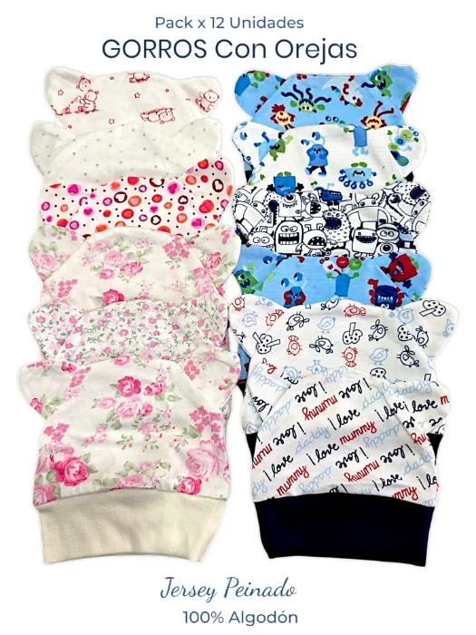 Pack 12 Gorritos con Orejas,  Jersey 100% Algodón  Peinado