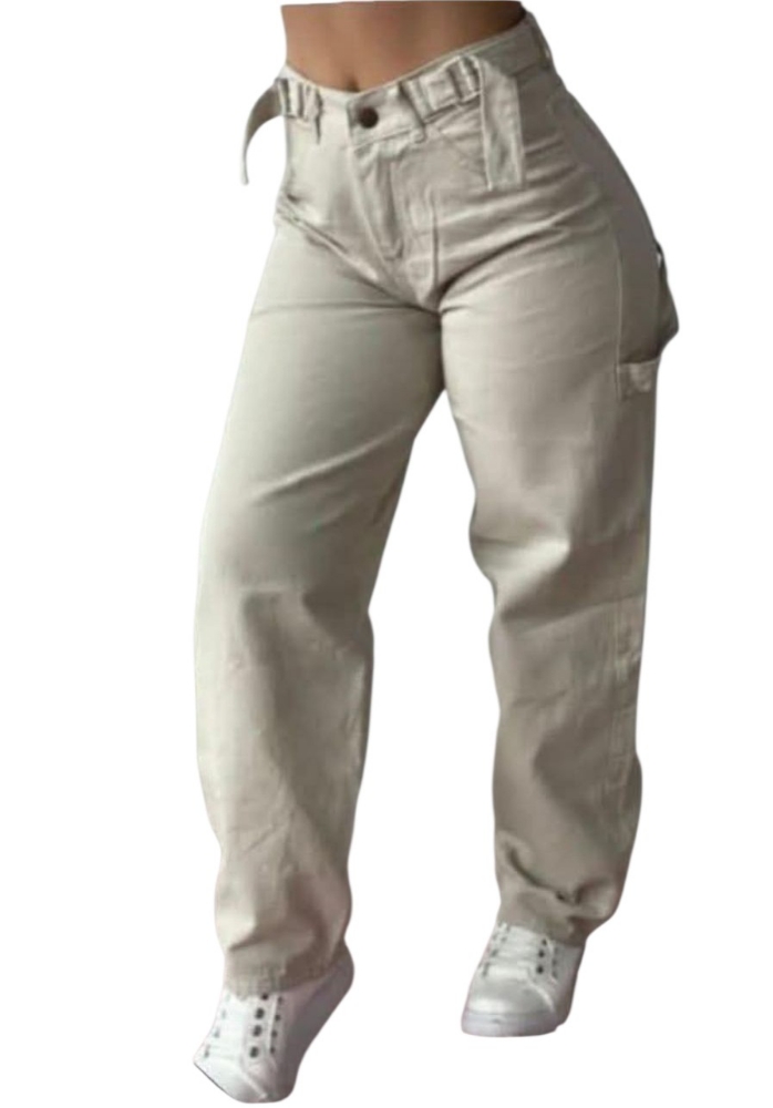 Pantalon Baggy con Tira y Ajustador Color Beige - Imagen 1