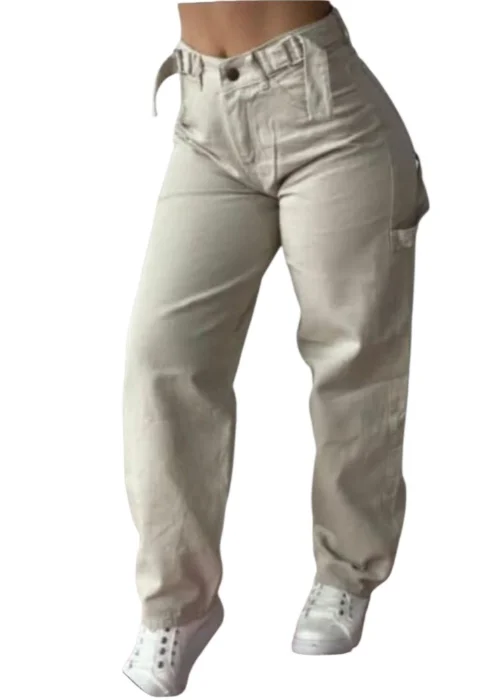Pantalon Baggy con Tira y Ajustador Color Beige